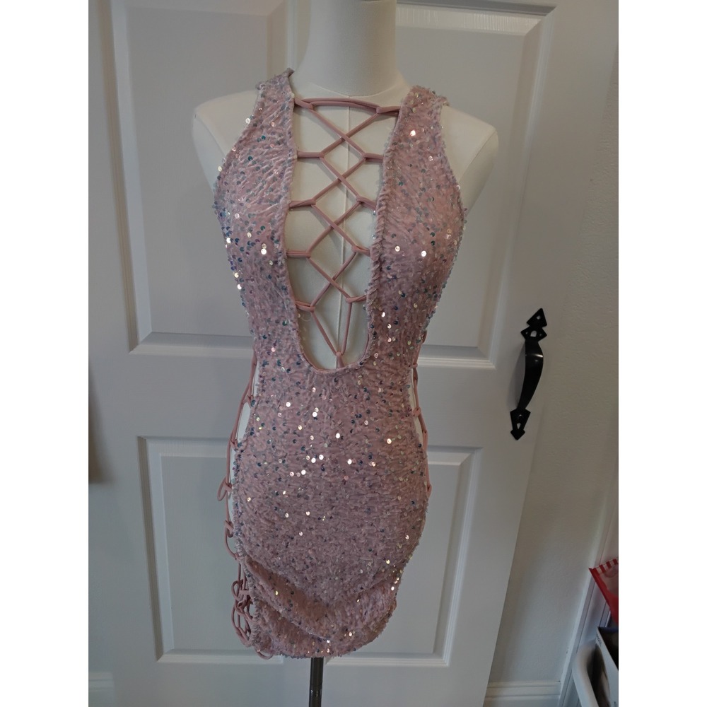 Pink Sequin Lace Up Cut Out Bodycon Mini Dress Club Party